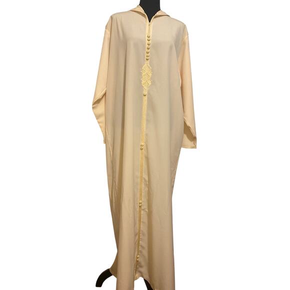 Beige Moroccan long kaftan Dressing Gown‎ with Hood and embellishment.